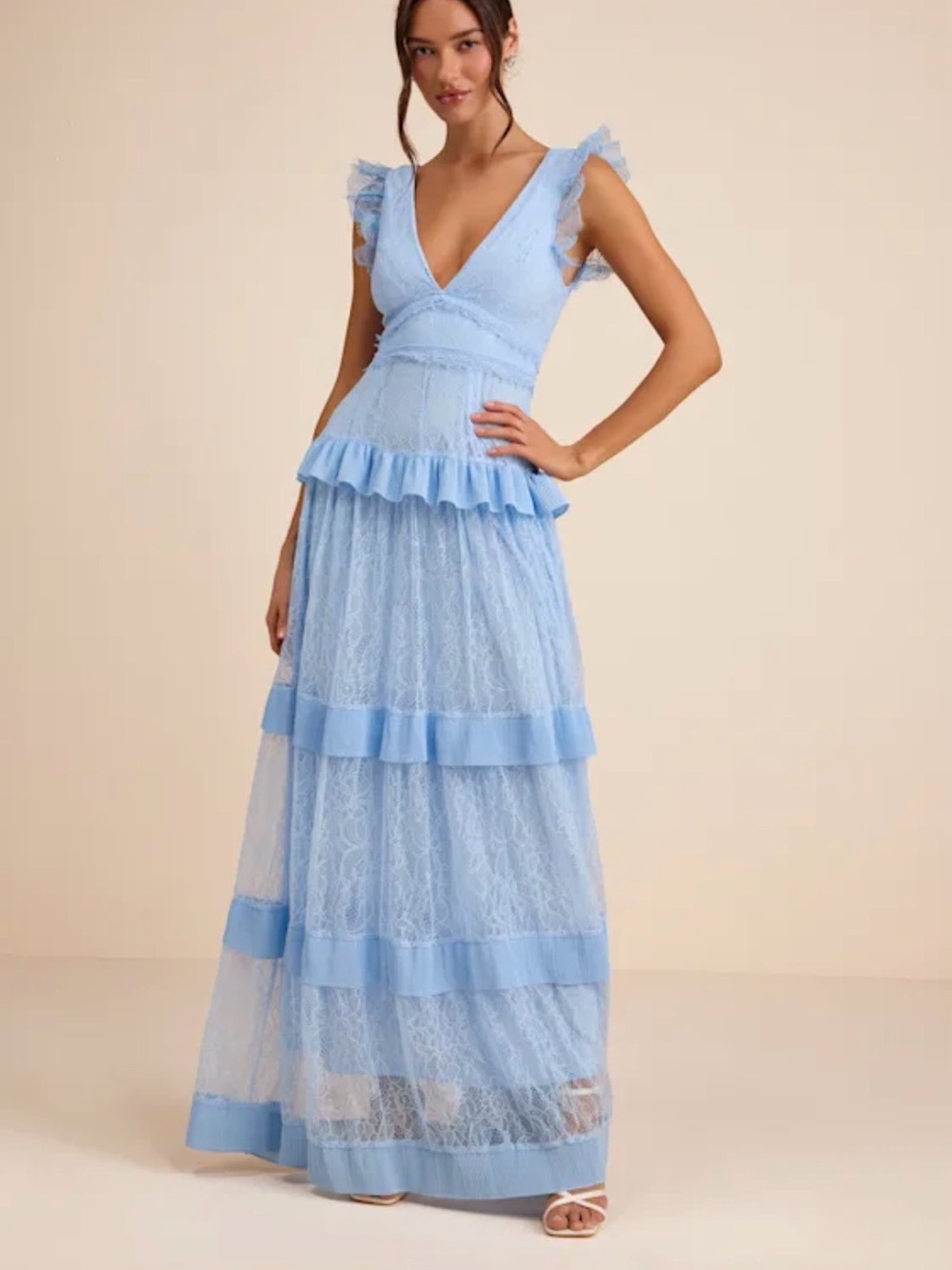 Marvelous Darling Powder Blue Lace Ruffled Tiered Maxi Dress